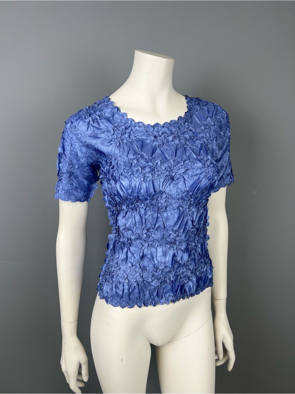 Origami Magic Scarf Blue Stretchy Ruched Short Sleeve Women's Top